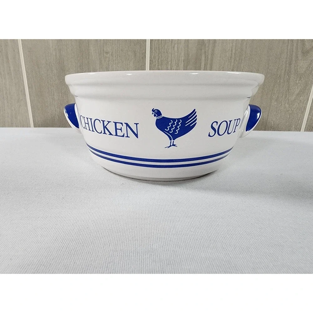 FTDA Chicken Soup Bowl White Blue Vintage 1985 Farmhouse Ceramic Cottagecore